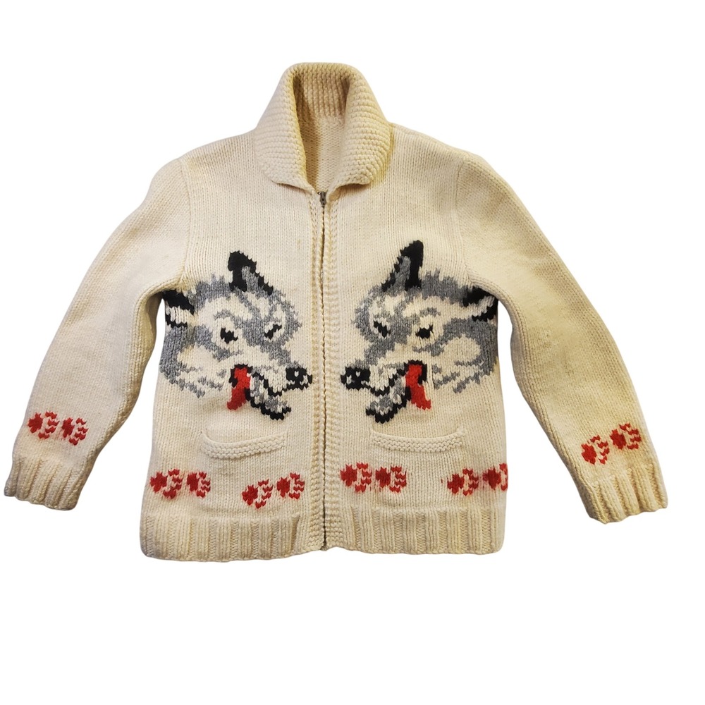 Vintage 1950's Original Mary Maxim Wolf Cowichan style Hand Knit Cardigan Size M